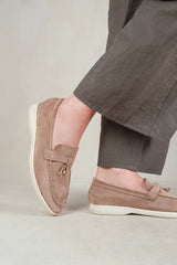 PEGASUS WIDE FIT SLIP ON TRIM LOAFERS WITH ACCESSORY DETAILING IN KHAKI SUEDE