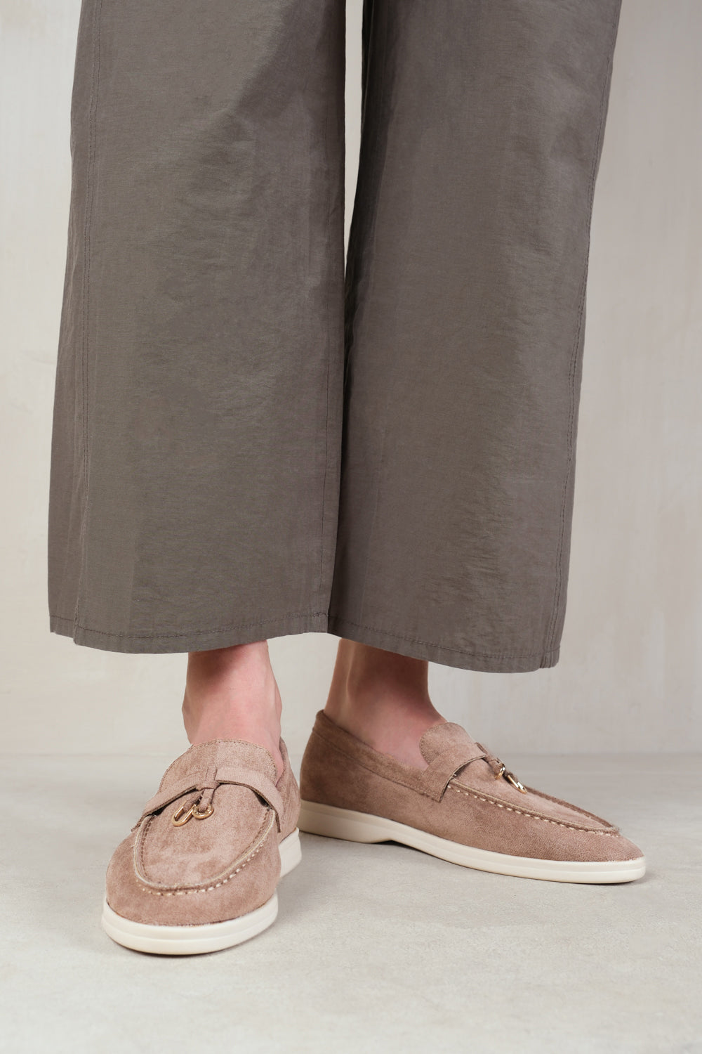 PEGASUS WIDE FIT SLIP ON TRIM LOAFERS WITH ACCESSORY DETAILING IN KHAKI SUEDE