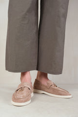 PEGASUS WIDE FIT SLIP ON TRIM LOAFERS WITH ACCESSORY DETAILING IN KHAKI SUEDE