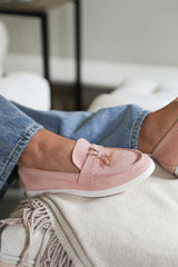 PEGASUS SLIP ON TRIM LOAFERS WITH ACCESSORY DETAILING IN PINK SUEDE