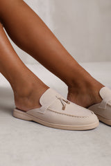 TWILIGHT WIDE FIT FLAT SLIP ON LOAFER WITH TASSEL DETAIL IN BEIGE SUEDE