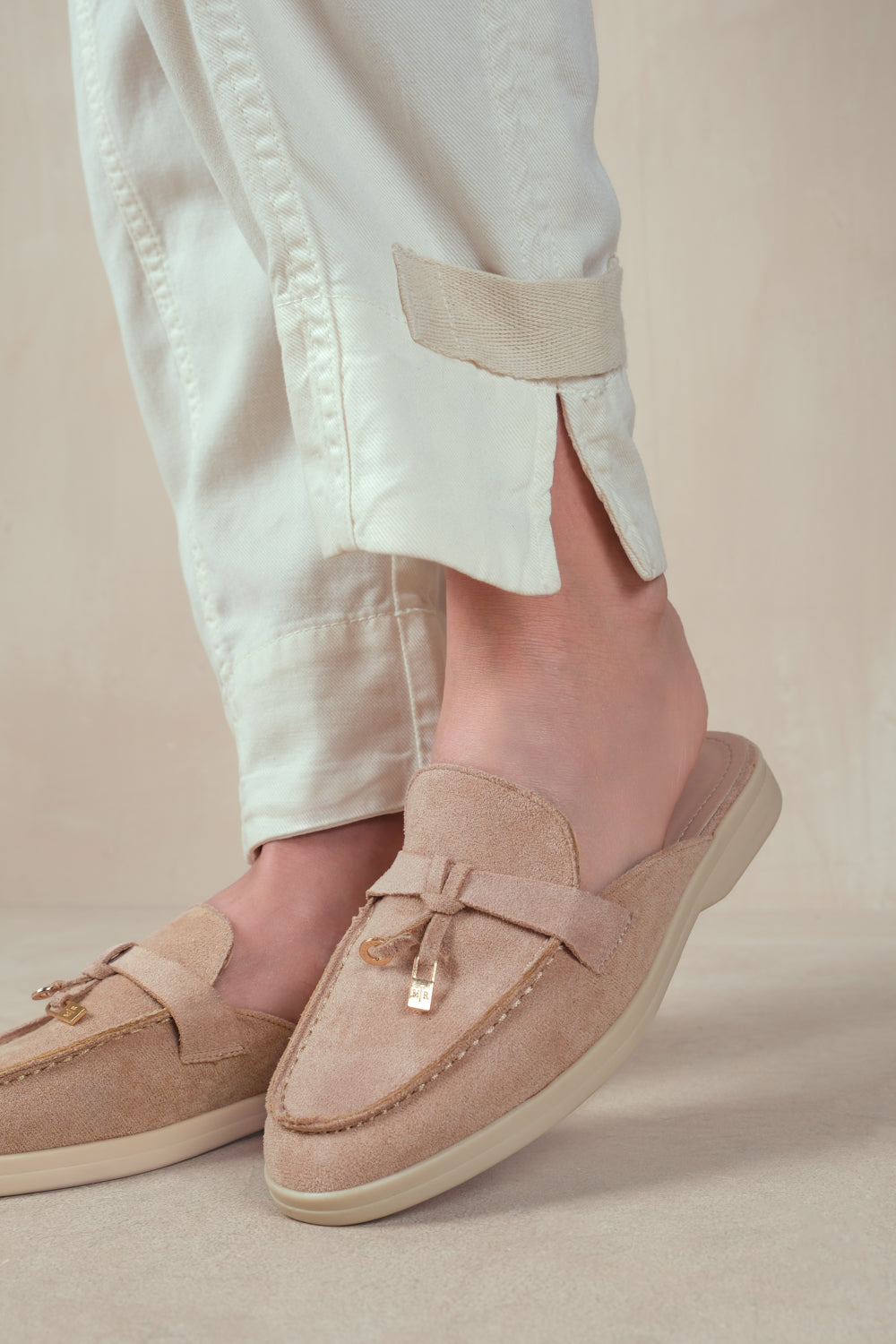 TWILIGHT FLAT SLIP ON LOAFER WITH TASSEL DETAIL IN KHAKI SUEDE