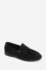 KENYA WIDE FIT SLIP ON LOAFER WITH TASSEL DETAILING IN BLACK SUEDE