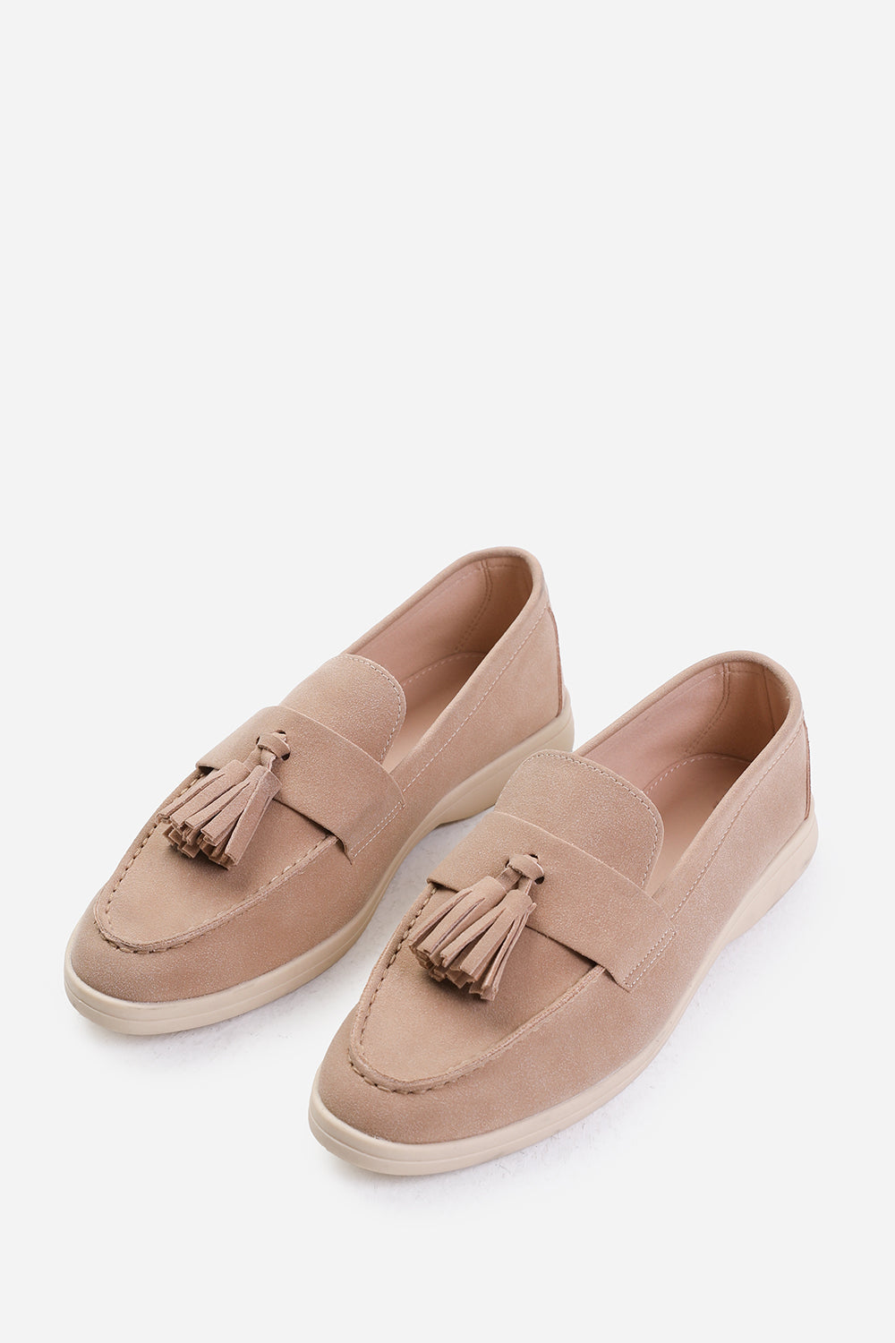 KENYA WIDE FIT SLIP ON LOAFER WITH TASSEL DETAILING IN KHAKI SUEDE