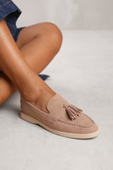 KENYA WIDE FIT SLIP ON LOAFER WITH TASSEL DETAILING IN KHAKI SUEDE