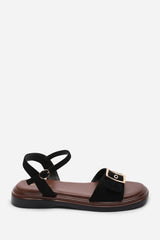 Coastal Front Buckle Flatform Black Suede Sandal