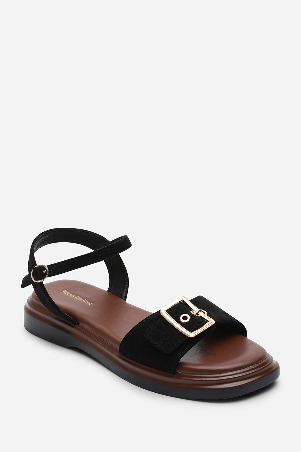 Coastal Front Buckle Flatform Black Suede Sandal