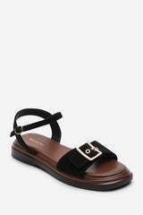 Coastal Front Buckle Flatform Black Suede Sandal
