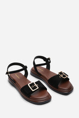 Coastal Front Buckle Flatform Black Suede Sandal