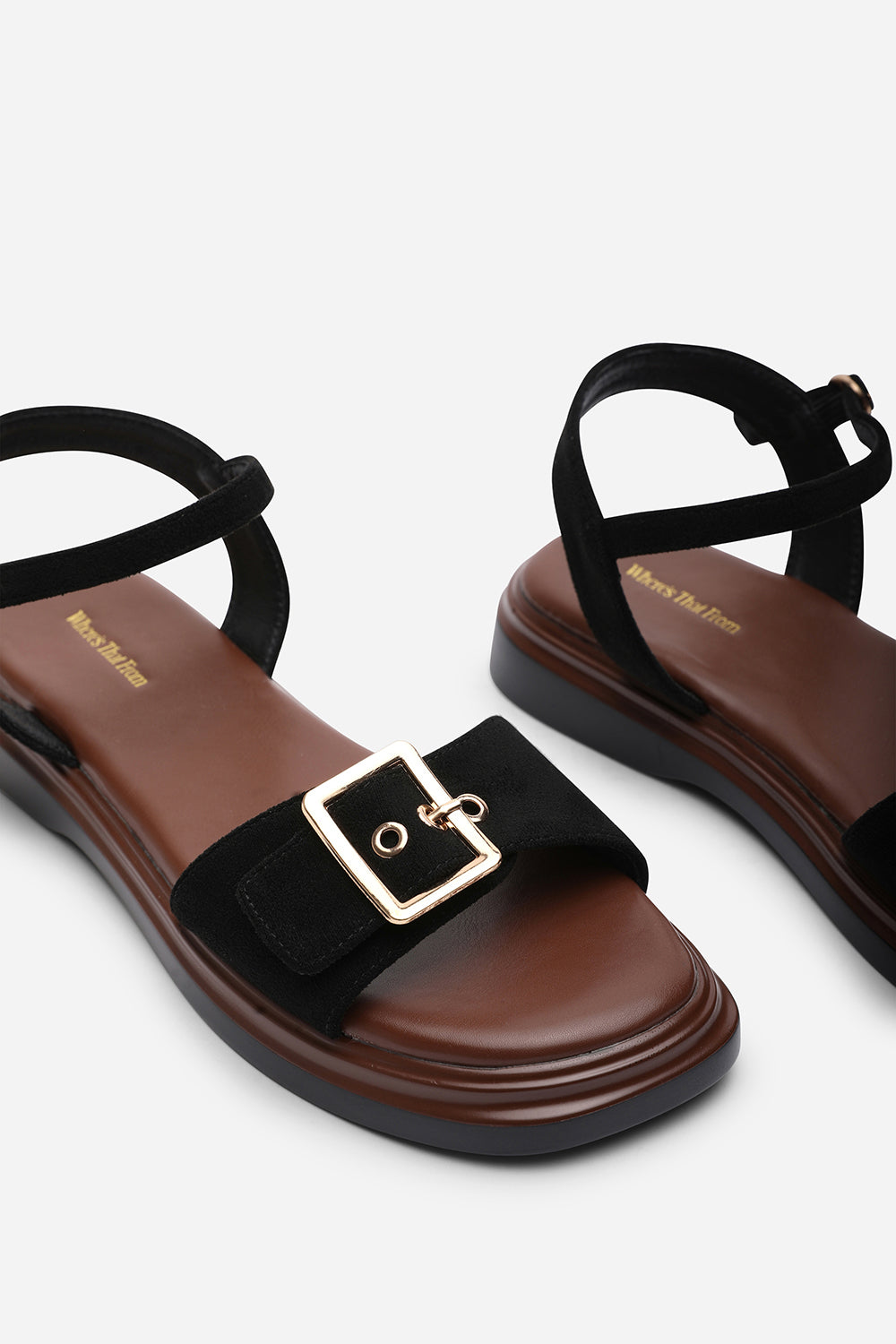Coastal Front Buckle Flatform Black Suede Sandal