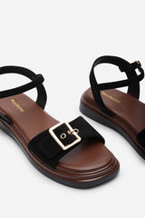 Coastal Front Buckle Flatform Black Suede Sandal