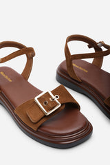 Coastal Front Buckle Flatform Cognac Suede Sandal