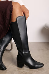 Xanthe Black Faux Leather Knee High Boots with Mid Block Heel