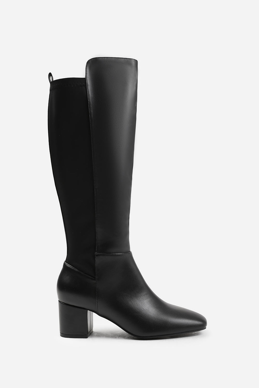 BEAU STRETCH WIDE CALF BLOCK HEEL KNEE HIGH BOOTS WITH SIDE ZIP IN WIDE E FIT IN BLACK FAUX LEATHER