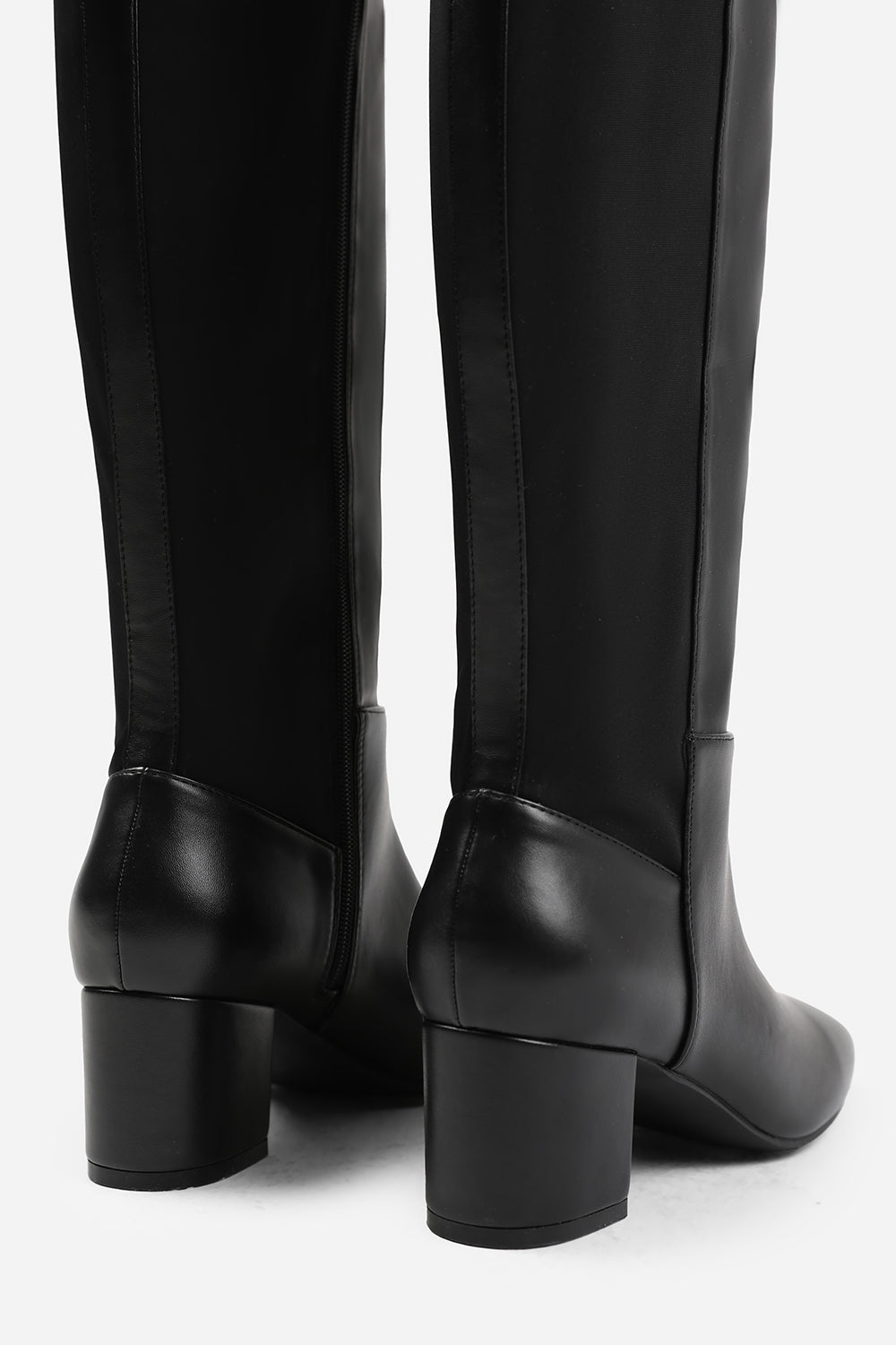 BEAU STRETCH WIDE CALF BLOCK HEEL KNEE HIGH BOOTS WITH SIDE ZIP IN WIDE E FIT IN BLACK FAUX LEATHER