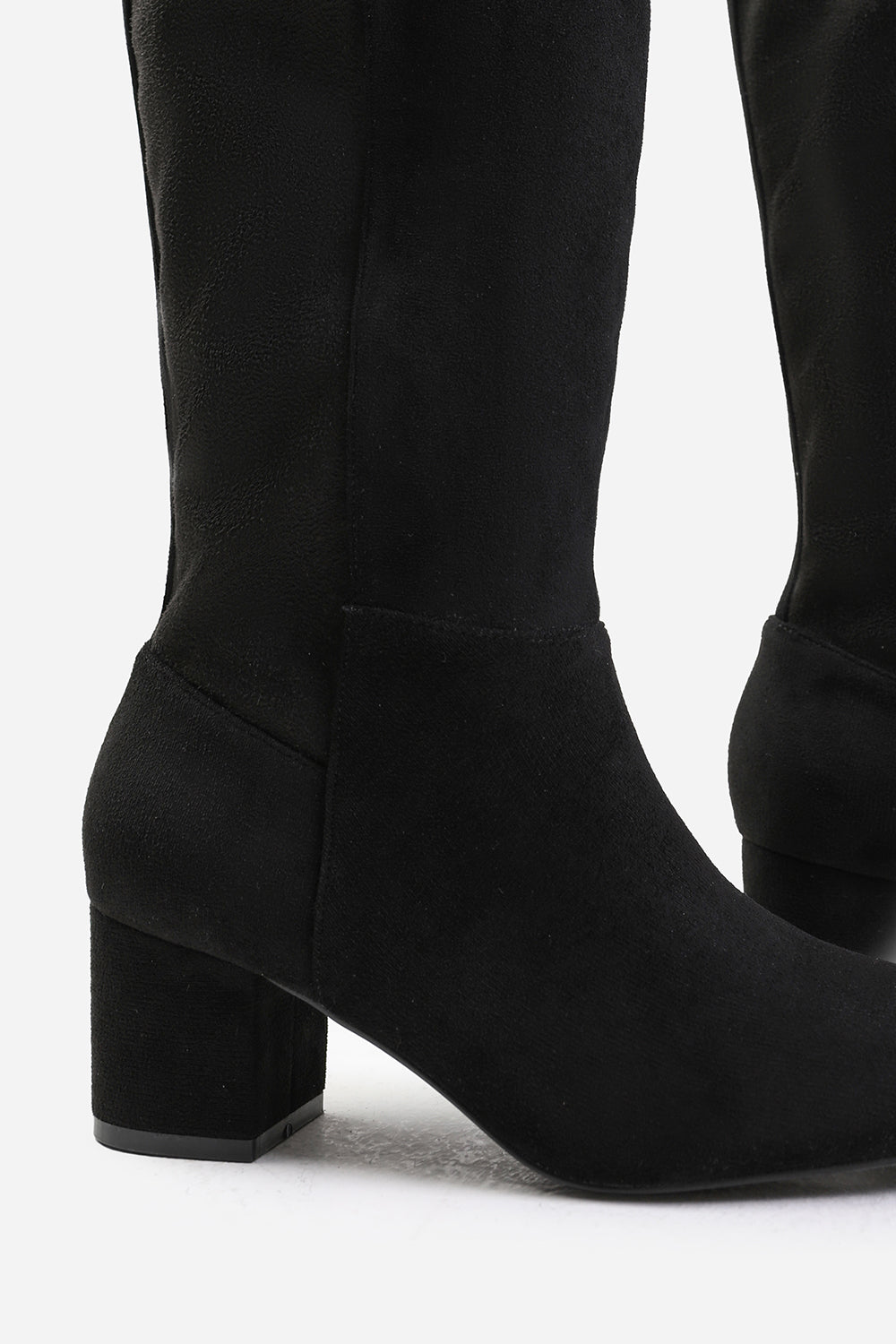 BEAU STRETCH WIDE CALF BLOCK HEEL KNEE HIGH BOOTS WITH SIDE ZIP IN WIDE E FIT IN BLACK SUEDE