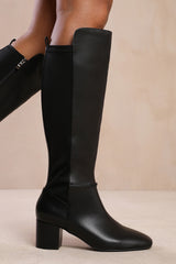 BEAU BLOCK HEEL KNEE HIGH BOOTS WITH SIDE ZIP IN BLACK FAUX LEATHER