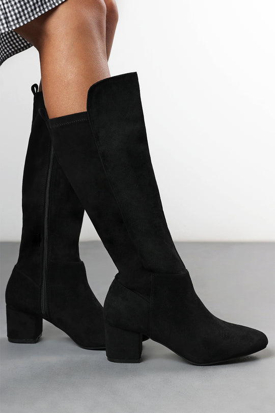 Xanthe Black Faux Suede Knee High Boots with Mid Block Heel