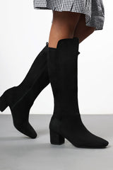 Xanthe Black Faux Suede Knee High Boots with Mid Block Heel