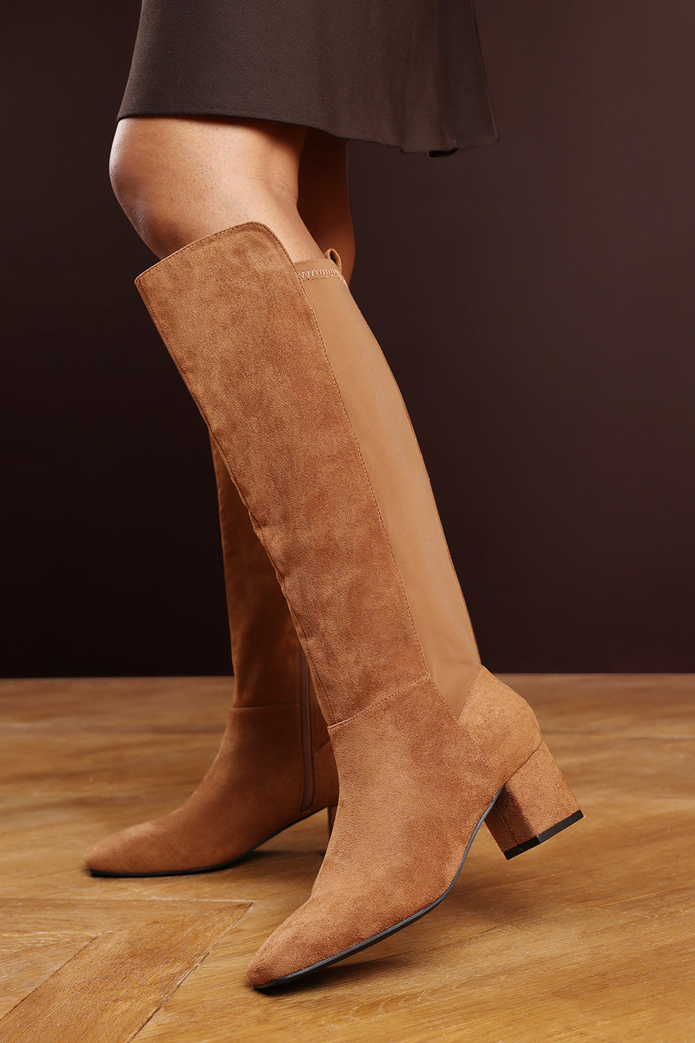 Beau Block Heel Knee High Boots With Side Zip In Cognac Suede
