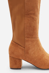 Beau Block Heel Knee High Boots With Side Zip In Cognac Suede