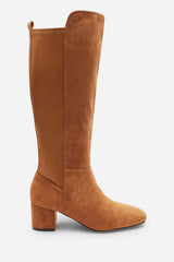 Beau Block Heel Knee High Boots With Side Zip In Cognac Suede