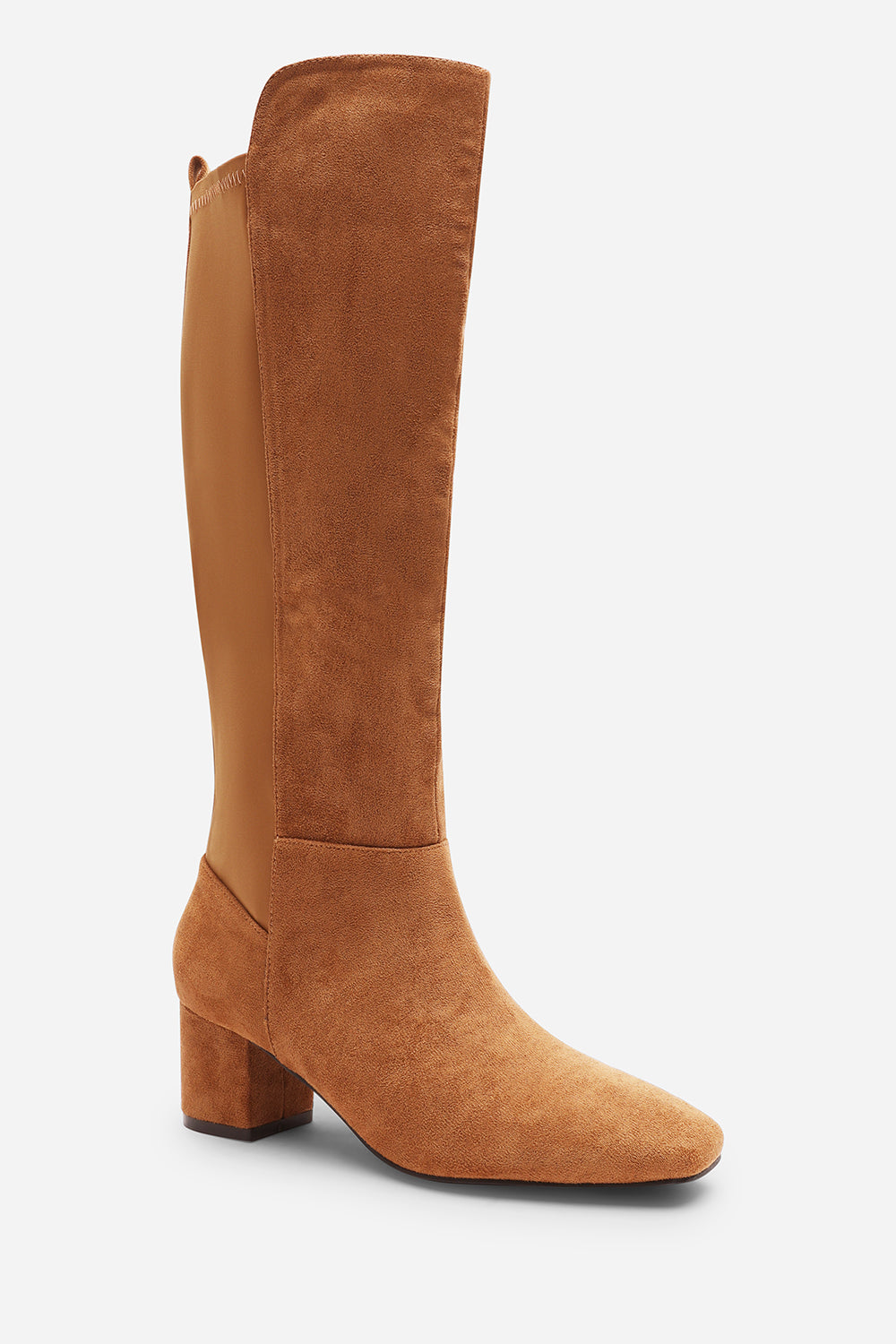 Beau Block Heel Knee High Boots With Side Zip In Cognac Suede