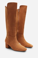 Beau Block Heel Knee High Boots With Side Zip In Cognac Suede