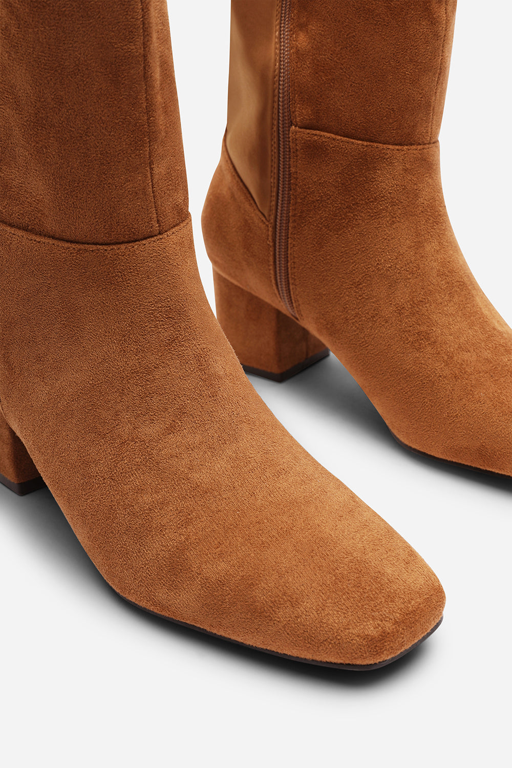 Beau Block Heel Knee High Boots With Side Zip In Cognac Suede