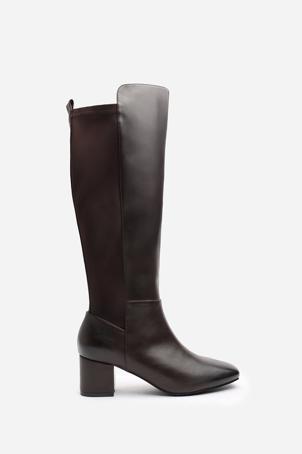 Naveri Dark Brown Square Toe Block Heeled Knee High Boots