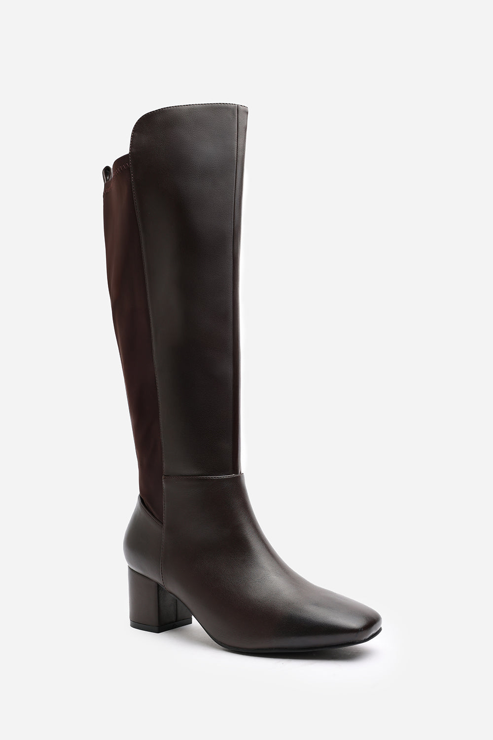 Beau Stretch Wide Calf Block Heel Knee High Boots With Side Zip In Dark Brown Faux Leather