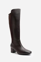 Beau Stretch Wide Calf Block Heel Knee High Boots With Side Zip In Dark Brown Faux Leather