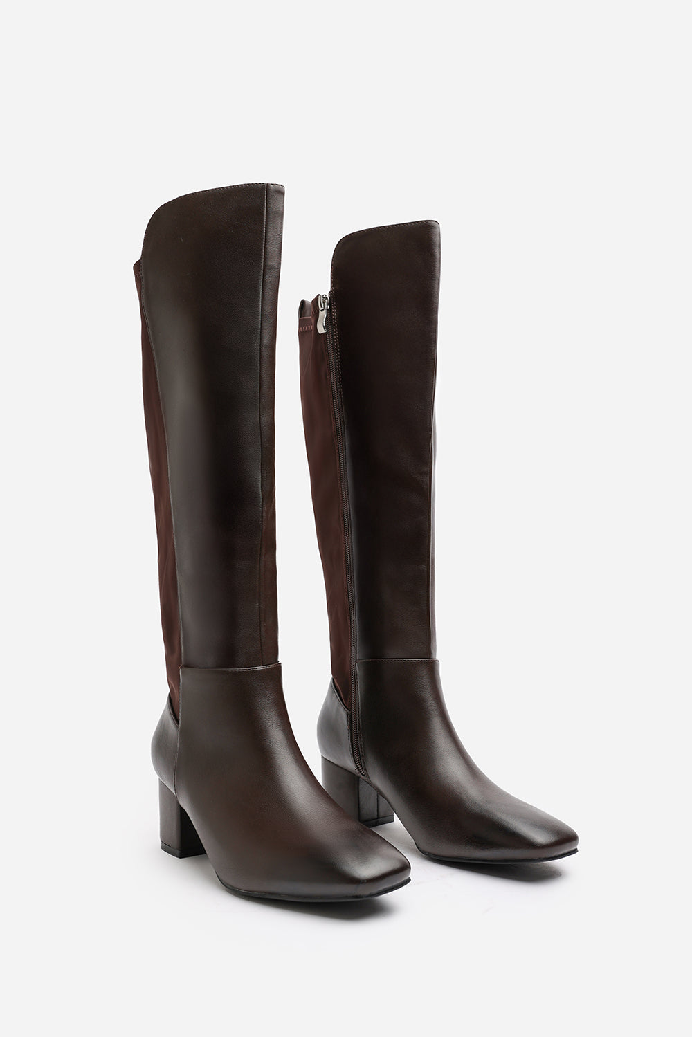 Beau Stretch Wide Calf Block Heel Knee High Boots With Side Zip In Dark Brown Faux Leather