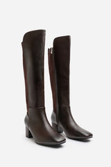 Beau Stretch Wide Calf Block Heel Knee High Boots With Side Zip In Dark Brown Faux Leather