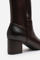 Naveri Dark Brown Square Toe Block Heeled Knee High Boots