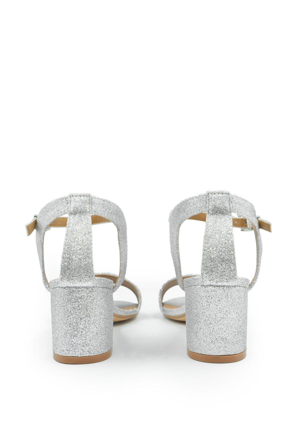 Alexis Strappy Mid Block Heel In Silver Glitter