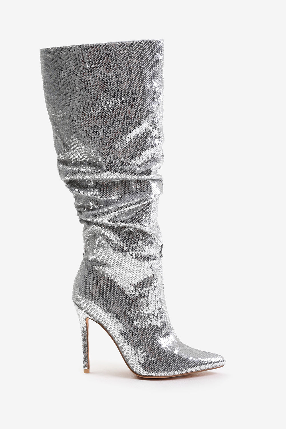 SPARKLE BELOW KNEE SEQUIN SLOUCH BOOTS IN SILVER