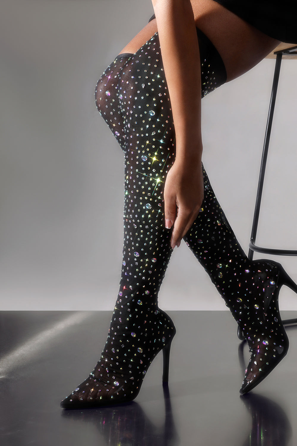 Calixa Black Embellished Mesh Over The Knee Heeled Sock Boots
