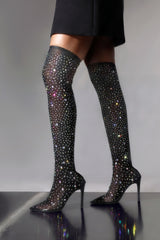 Calixa Black Embellished Mesh Over The Knee Heeled Sock Boots