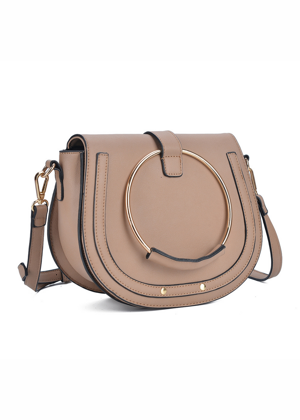 GEM SHOULDER BAG WITH GOLDEN CIRCLE DETAIL IN TAUPE FAUX LEATHER