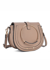 GEM SHOULDER BAG WITH GOLDEN CIRCLE DETAIL IN TAUPE FAUX LEATHER