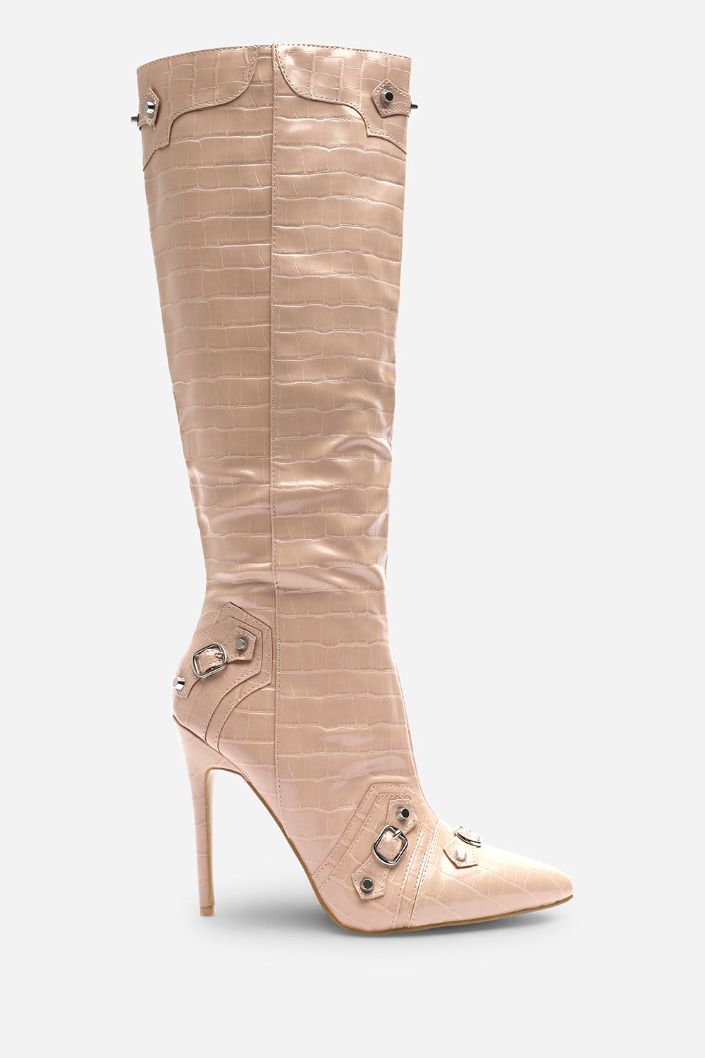 Dalia Nude Croc Effect Knee High Stiletto Boots with Buckle Detail