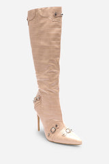 Dalia Nude Croc Effect Knee High Stiletto Boots with Buckle Detail