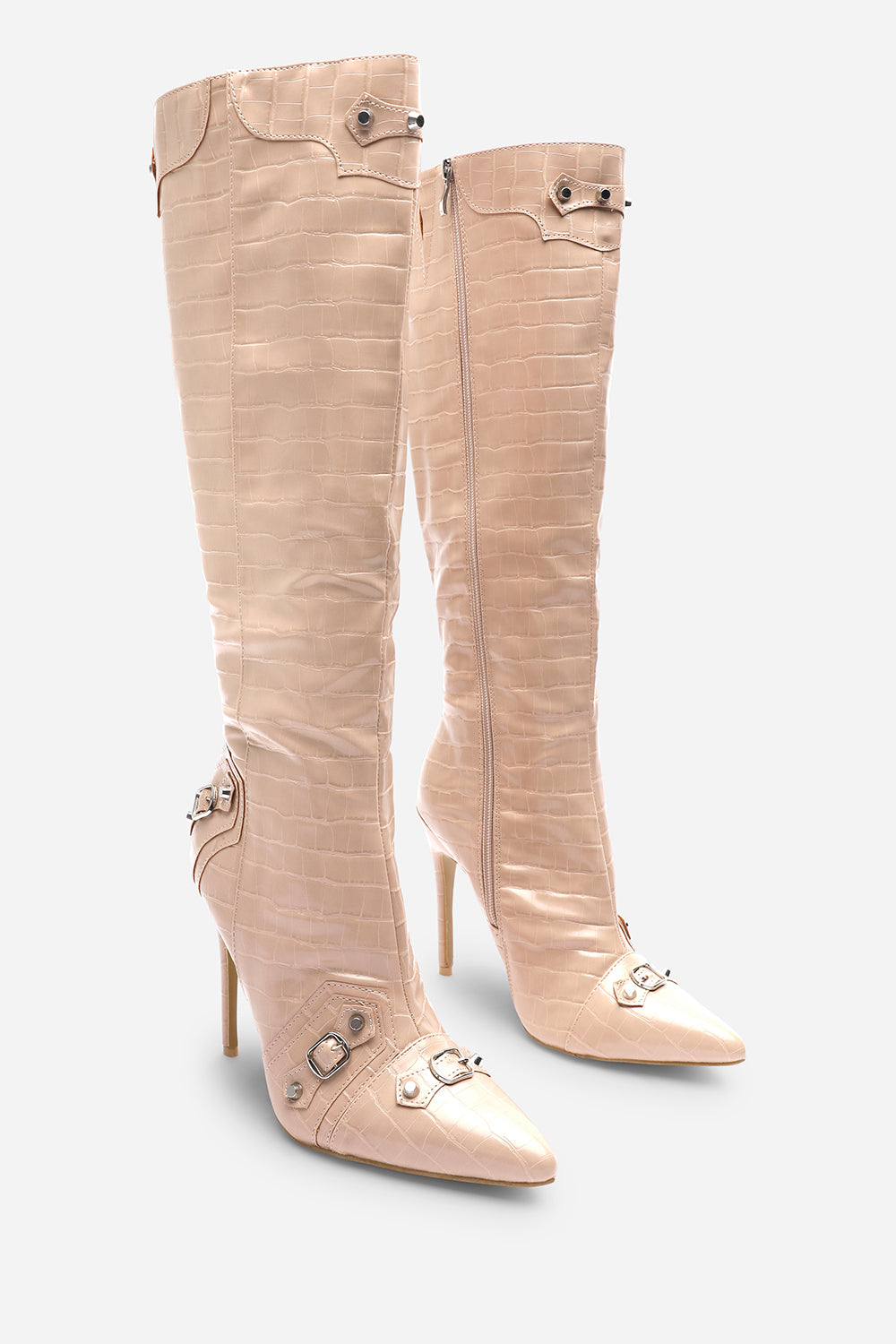 Dalia Nude Croc Effect Knee High Stiletto Boots with Buckle Detail