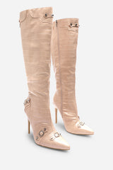 Dalia Nude Croc Effect Knee High Stiletto Boots with Buckle Detail