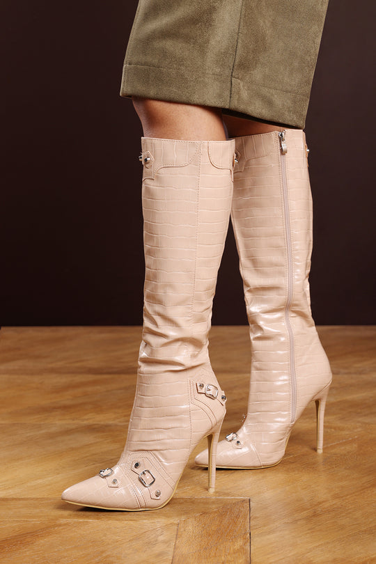 Dalia Nude Croc Effect Knee High Stiletto Boots with Buckle Detail