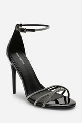 Rose Stiletto High Heels With Rhinestone Strap in Black Patent
