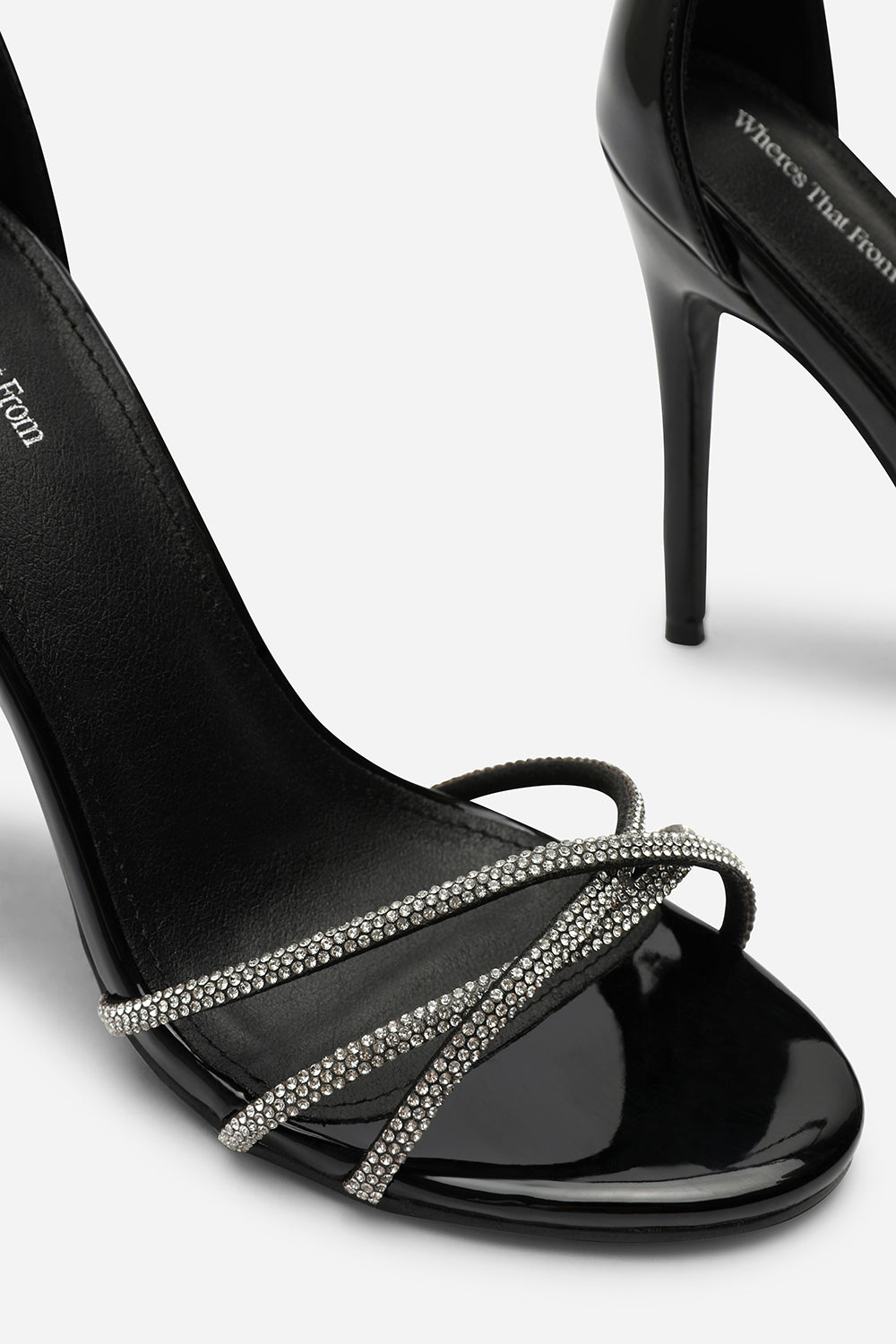 Rose Stiletto High Heels With Rhinestone Strap in Black Patent
