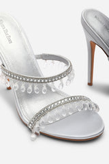 Crispine Silver Beaded High Heel Mule Sandals