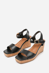 Alvira Wide Fit Black Cork Platform Wedge Sandals